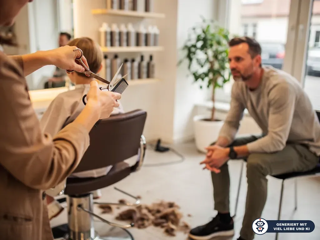 Friseurin schneidet einem Kind im Salon die Haare, während der Vater daneben sitzt und zusieht. (mit KI erstellt)