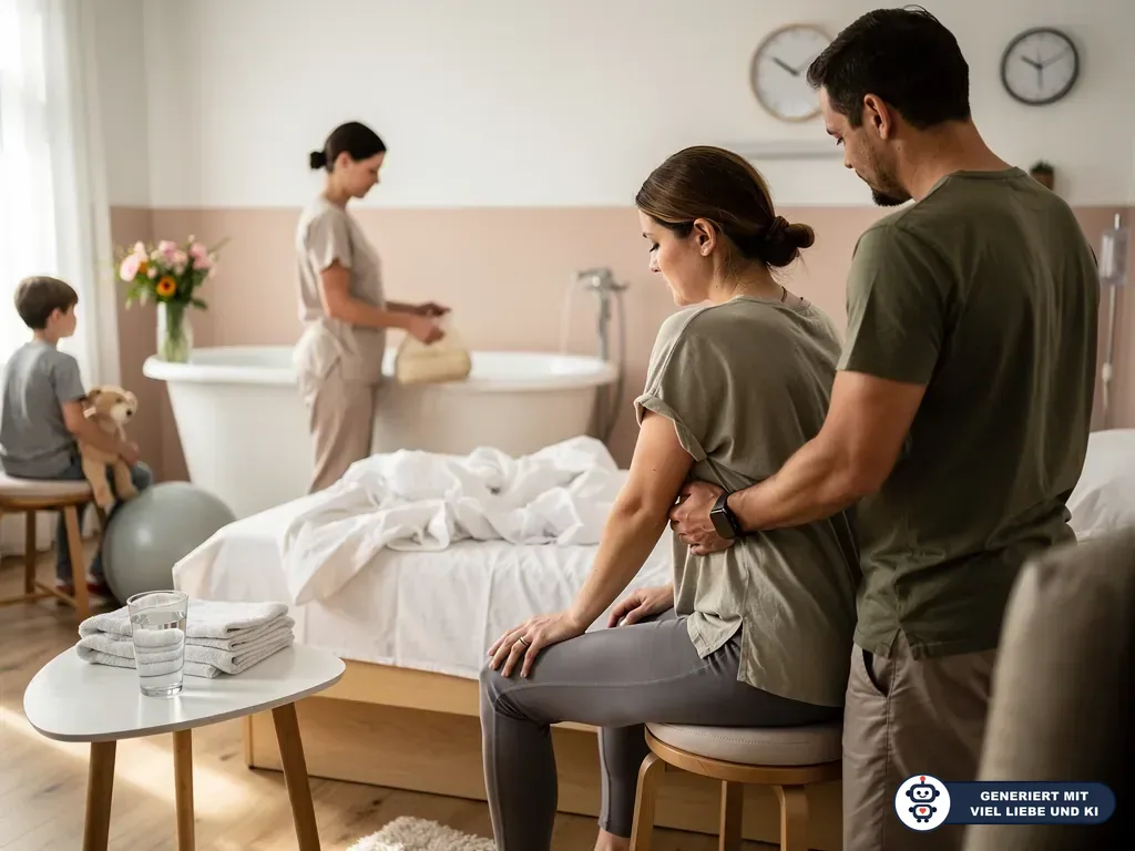 Gebärende sitzt im Geburtshaus auf einem Hocker, Partner stützt sie, Hebamme bereitet Wanne vor, Kind wartet daneben. (mit KI erstellt)