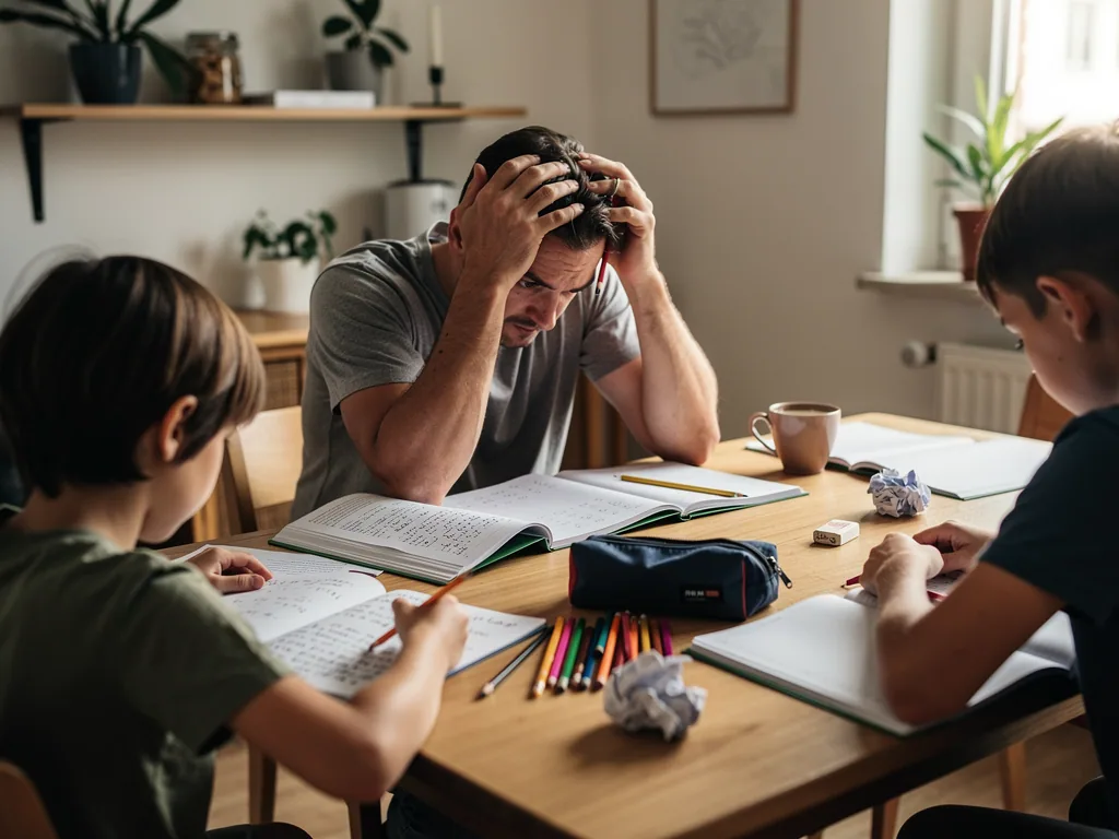 Gestresster Vater sitzt mit zwei Kindern am Tisch zwischen Heften, Stiften und zerknülltem Papier bei den Hausaufgaben.