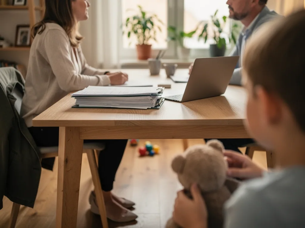 Getrennte Eltern sprechen am Tisch mit Unterlagen, während ein Kind mit Kuscheltier im Vordergrund sitzt.