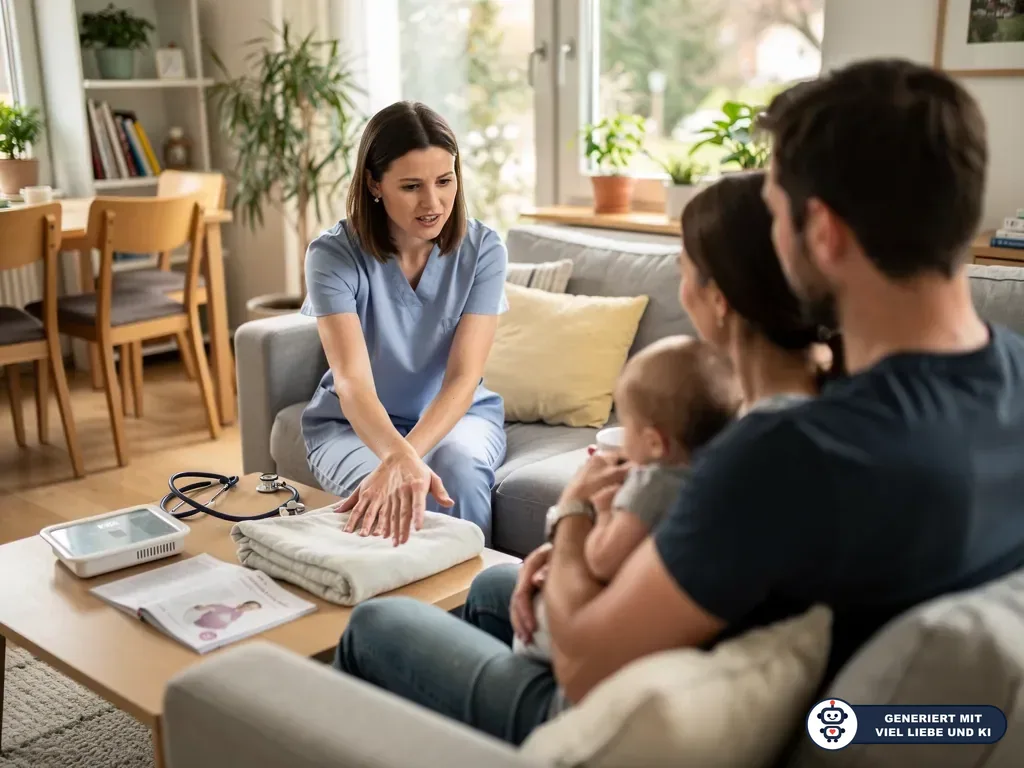 Hebamme berät Eltern mit Baby im Wohnzimmer, auf dem Tisch liegen Stethoskop, Gerät und Infomaterial. (mit KI erstellt)