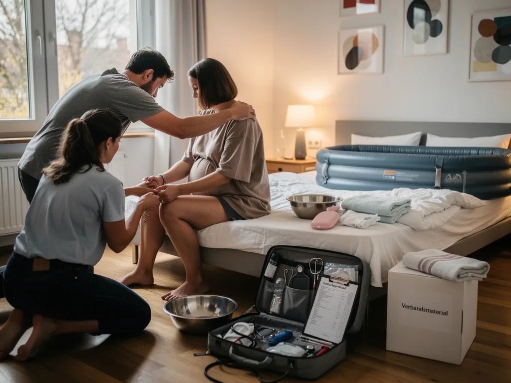 Hebamme betreut Schwangere am Bett, Partner stützt sie; Geburtswanne und medizinische Ausrüstung stehen bereit.