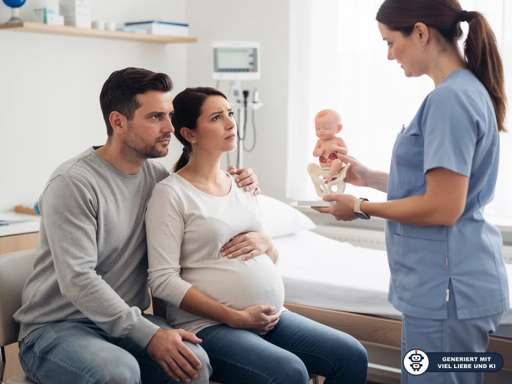 Hebamme erklärt einem werdenden Elternpaar mit Beckenmodell und Babypuppe die Beckenendlage. (mit KI erstellt)