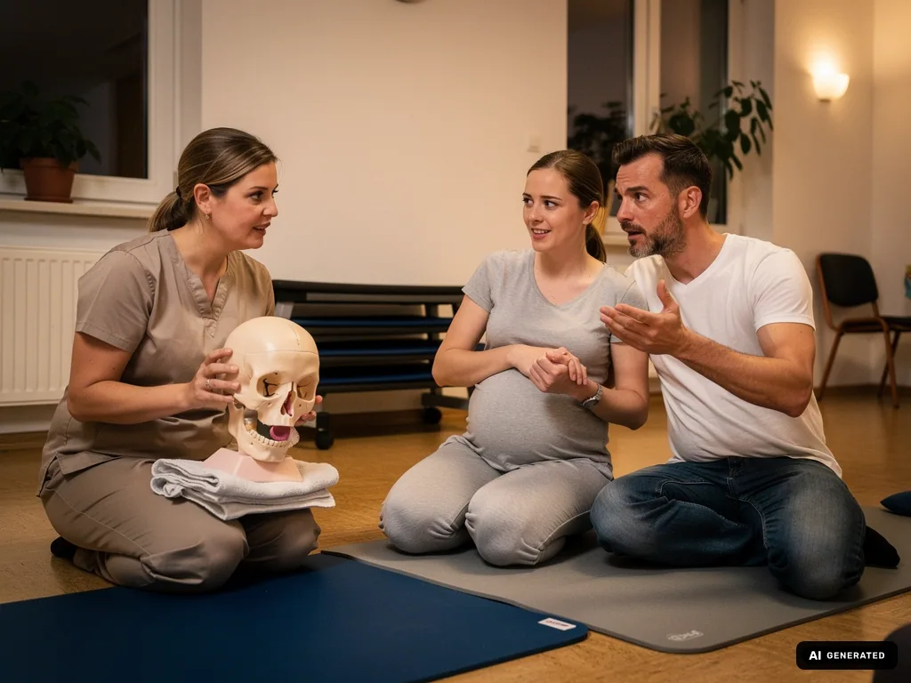 Hebamme erklärt einem werdenden Paar im Geburtskurs ein Modell, der Vater stellt eine Frage. (mit KI erstellt)