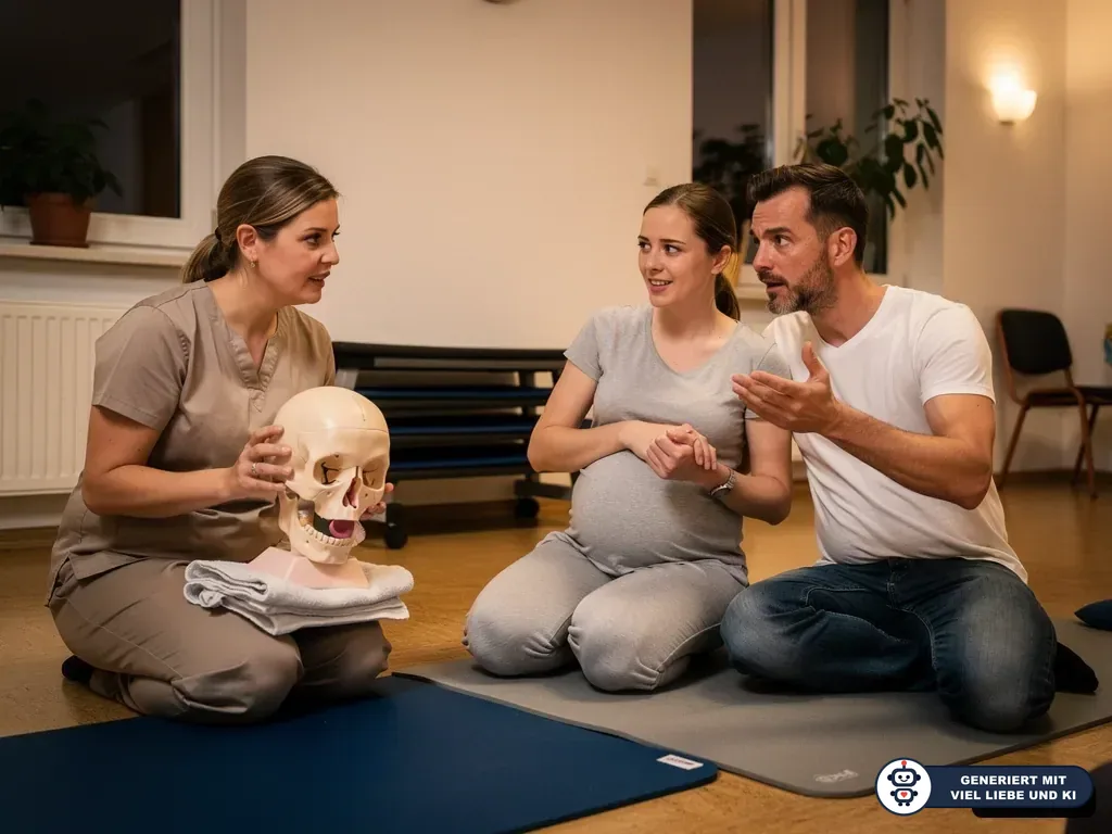 Hebamme erklärt einem werdenden Paar im Geburtskurs ein Modell, der Vater stellt eine Frage. (mit KI erstellt)