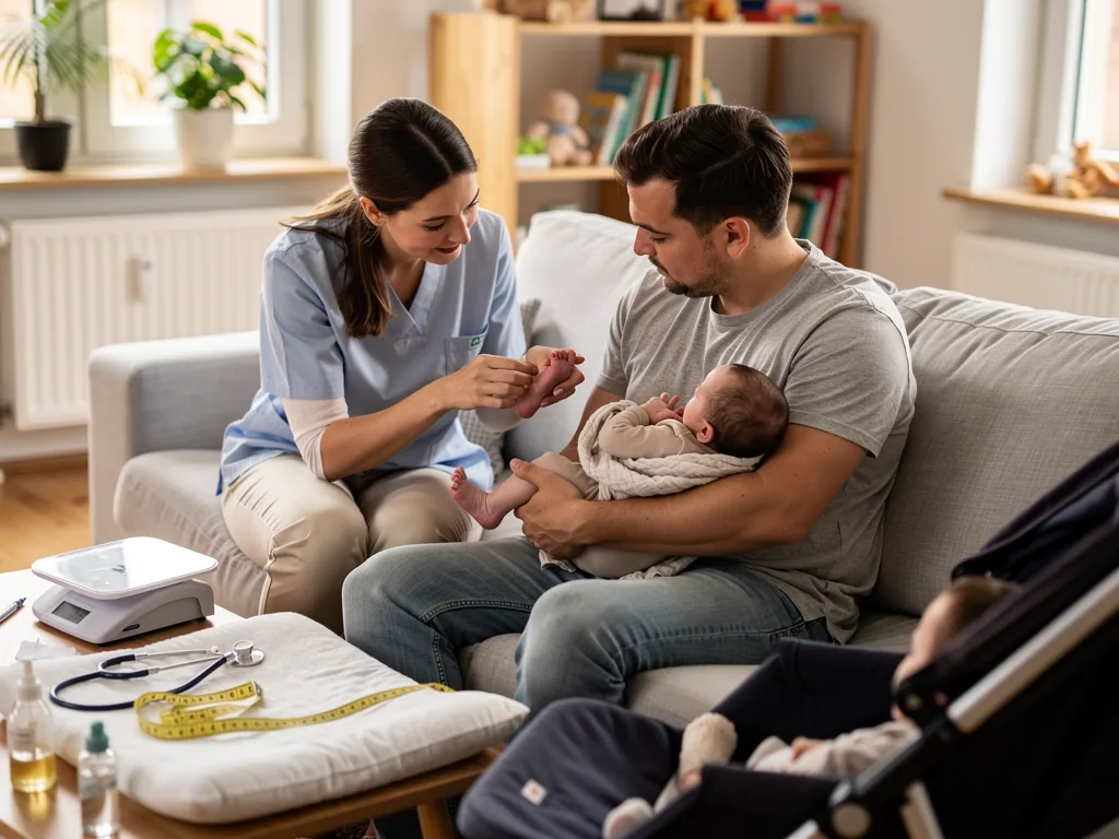 Hebamme untersucht die Zehen eines Neugeborenen, das der Vater im Wohnzimmer auf dem Arm hält.