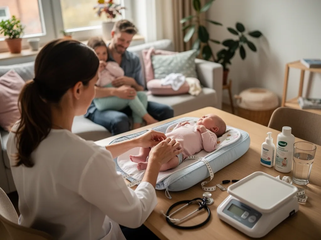 Hebamme untersucht ein Baby auf dem Tisch, während Eltern mit Geschwisterkind im Wohnzimmer zusehen.
