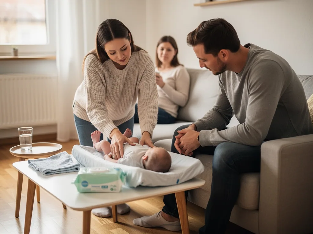 Hebamme zeigt Eltern im Wohnzimmer die Pflege eines Babys auf einem Wickeltisch.