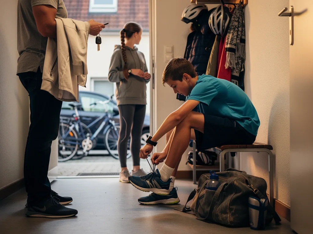 Jugendlicher bindet Sportschuhe im Flur, während ein Elternteil mit Autoschlüssel daneben wartet.
