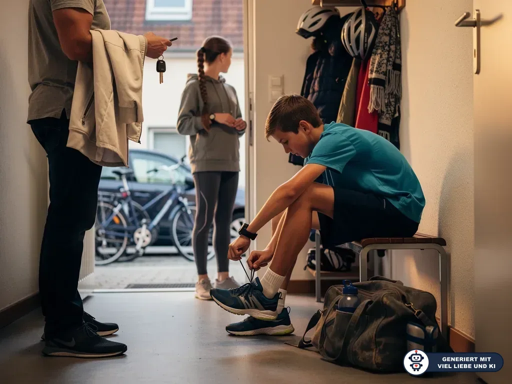 Jugendlicher bindet Sportschuhe im Flur, während ein Elternteil mit Autoschlüssel daneben wartet. (mit KI erstellt)