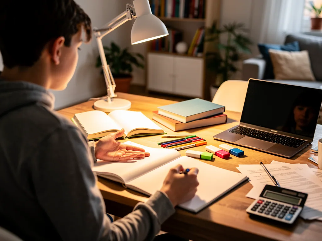 Jugendlicher lernt am Schreibtisch mit Büchern, Laptop, Stiften, Taschenrechner und Unterlagen im Lampenlicht.