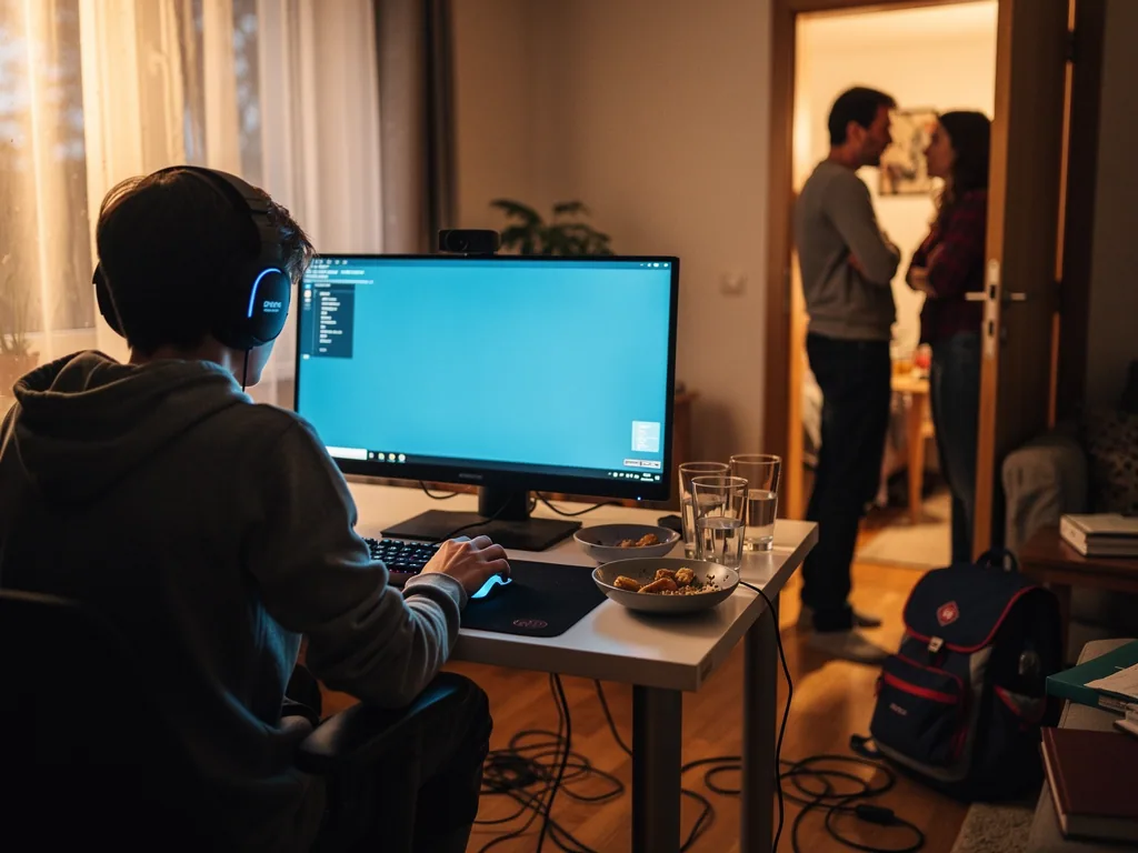 Jugendlicher mit Headset am Computer, während Eltern im Hintergrund im Türrahmen leise sprechen.