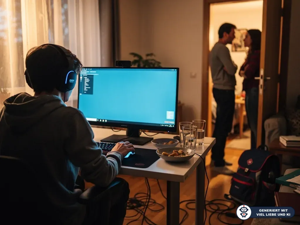 Jugendlicher mit Headset am Computer, während Eltern im Hintergrund im Türrahmen leise sprechen. (mit KI erstellt)