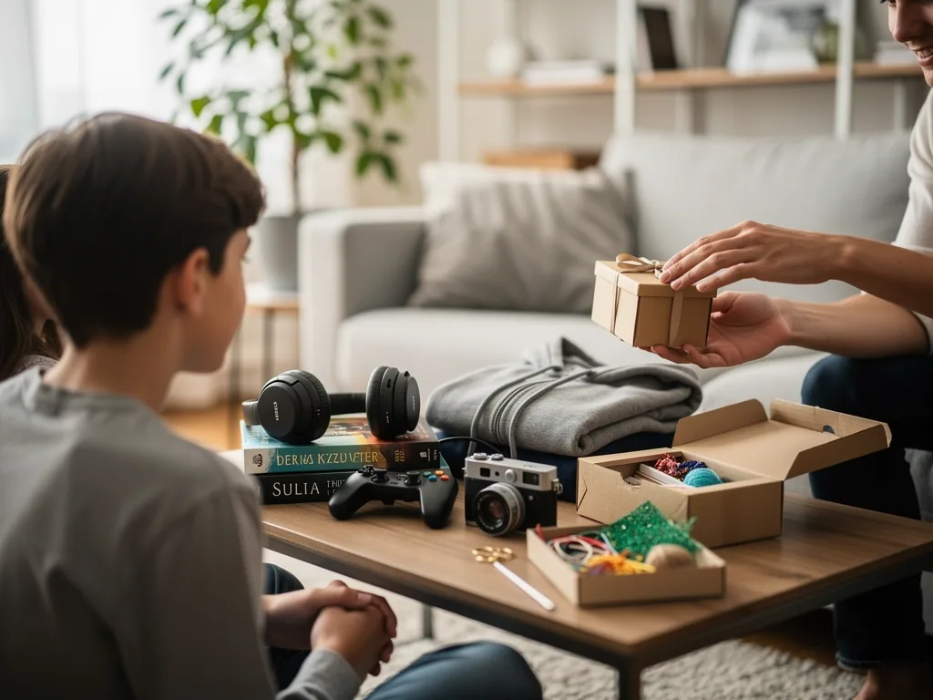 Jugendlicher sitzt am Couchtisch, während ein Erwachsener ein kleines Geschenk überreicht; daneben Kopfhörer, Kamera und Spielecontroller.