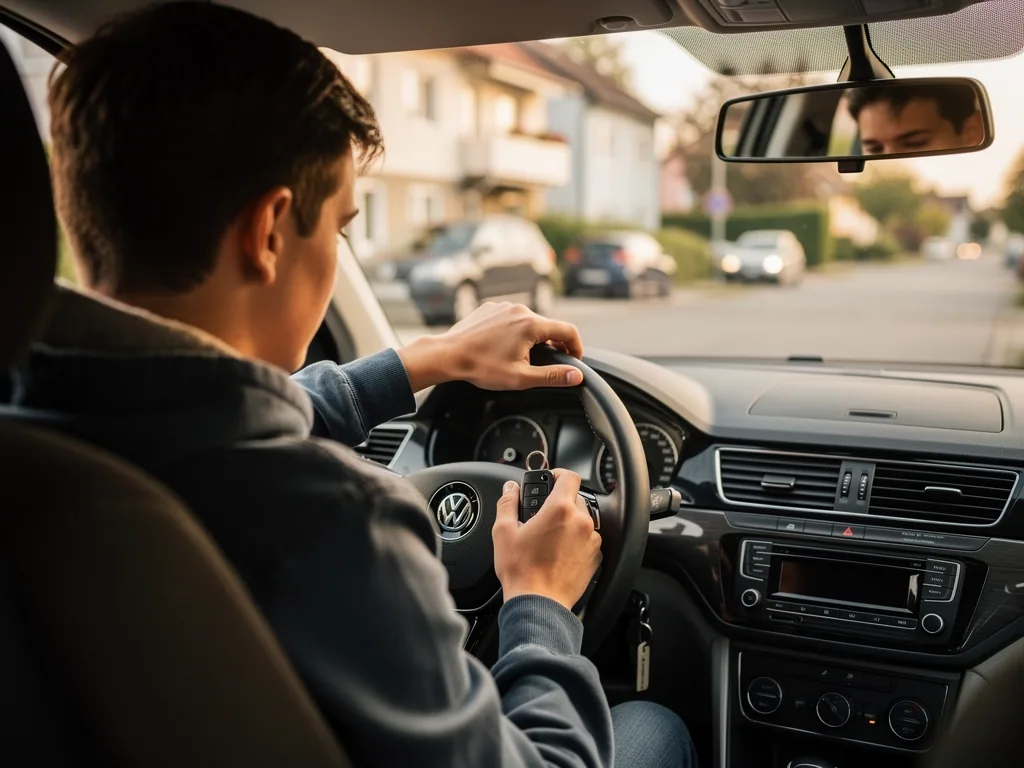 Jugendlicher sitzt am Steuer eines Autos in einer ruhigen Wohnstraße und hält den Autoschlüssel in der Hand.