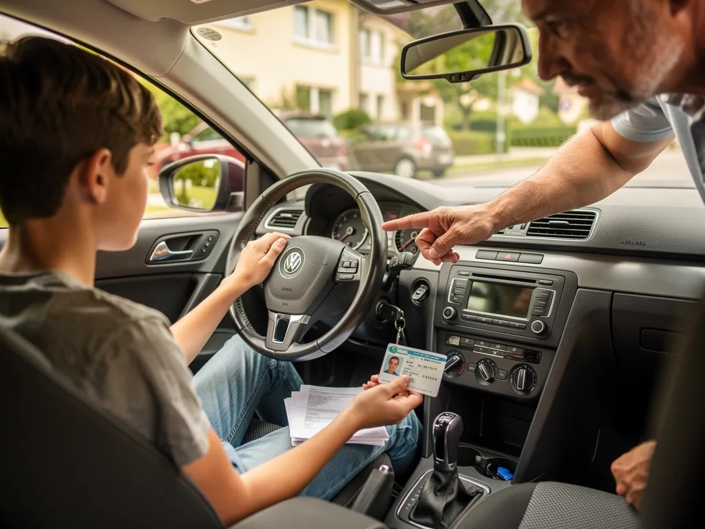Jugendlicher sitzt am Steuer und hält Führerscheinpapiere, ein Erwachsener zeigt auf das Armaturenbrett.