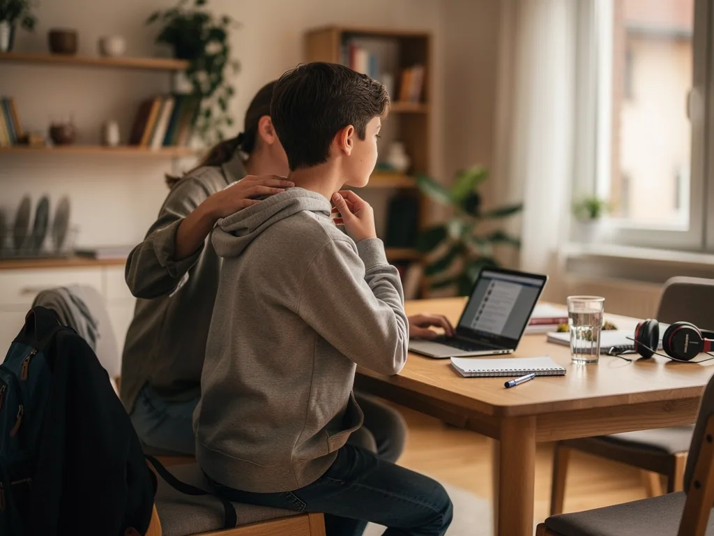 Jugendlicher sitzt am Tisch mit Laptop und berührt seinen Hals, eine Erwachsene legt ihm die Hand auf die Schulter.