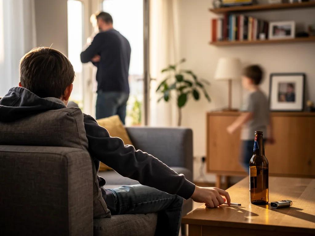 Jugendlicher sitzt im Wohnzimmer neben Zigarette und Bierflasche, Vater steht im Hintergrund am Fenster.