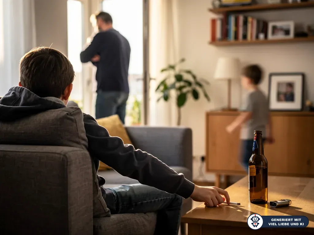 Jugendlicher sitzt im Wohnzimmer neben Zigarette und Bierflasche, Vater steht im Hintergrund am Fenster. (mit KI erstellt)