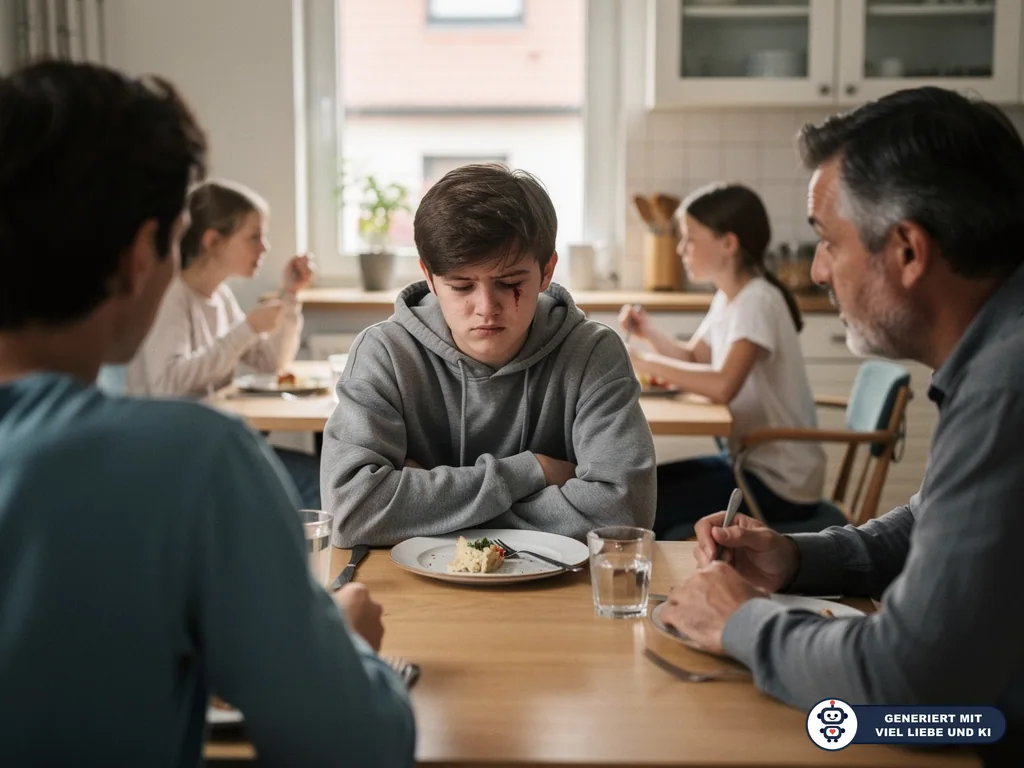 Jugendlicher sitzt mit verschränkten Armen vor fast vollem Teller, Eltern beobachten ihn beim Familienessen. (mit KI erstellt)