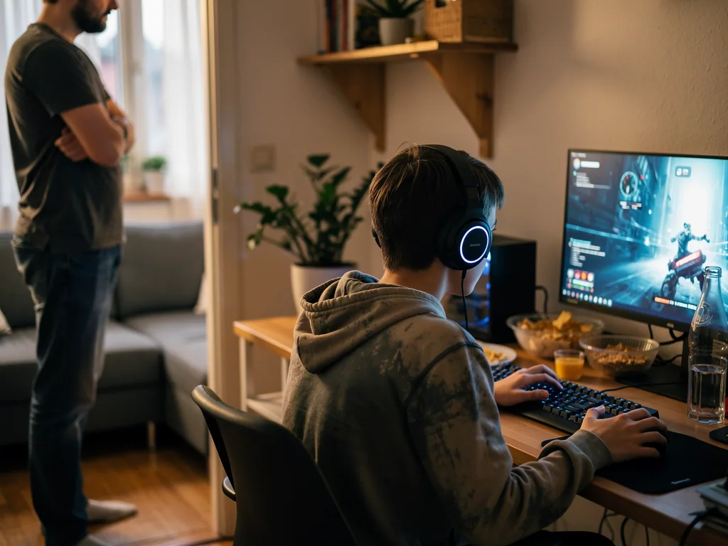 Jugendlicher spielt am PC mit Headset, während ein Vater im Hintergrund mit verschränkten Armen zusieht.