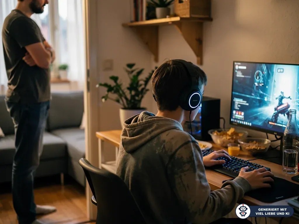 Jugendlicher spielt am PC mit Headset, während ein Vater im Hintergrund mit verschränkten Armen zusieht. (mit KI erstellt)