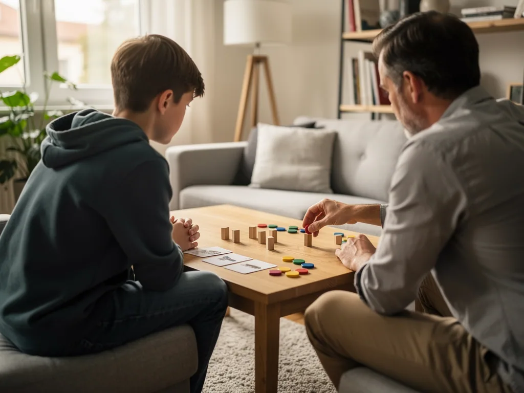 Jugendlicher und Vater spielen im Wohnzimmer ein Brettspiel mit Holzklötzen und bunten Spielsteinen.