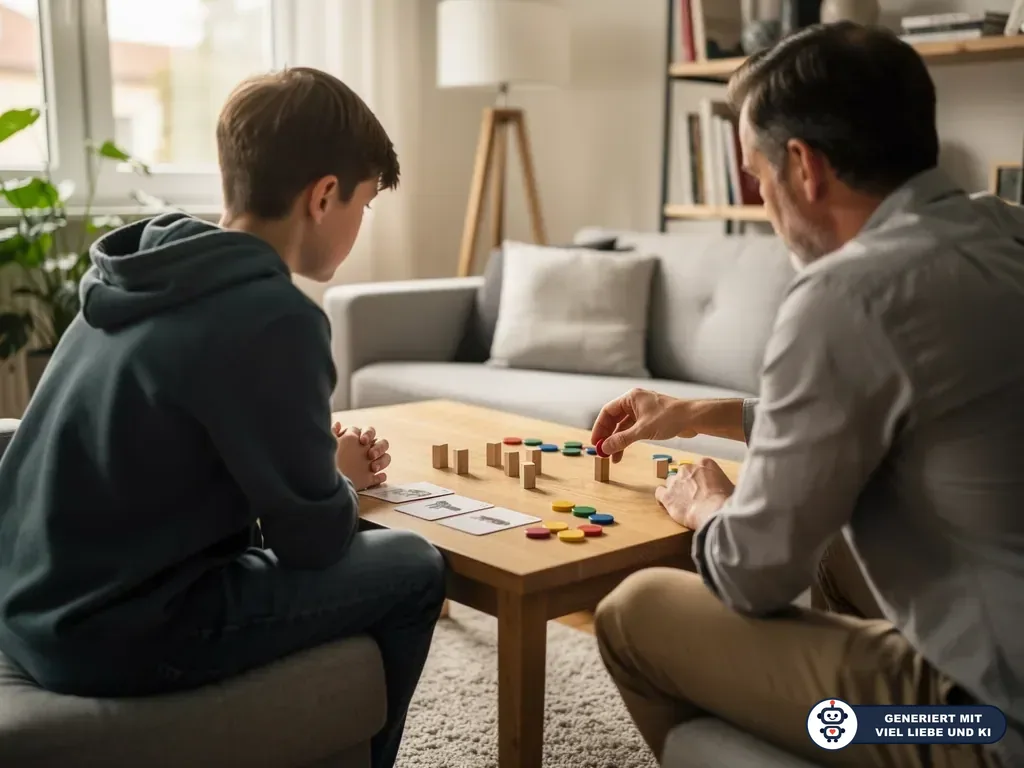 Jugendlicher und Vater spielen im Wohnzimmer ein Brettspiel mit Holzklötzen und bunten Spielsteinen. (mit KI erstellt)