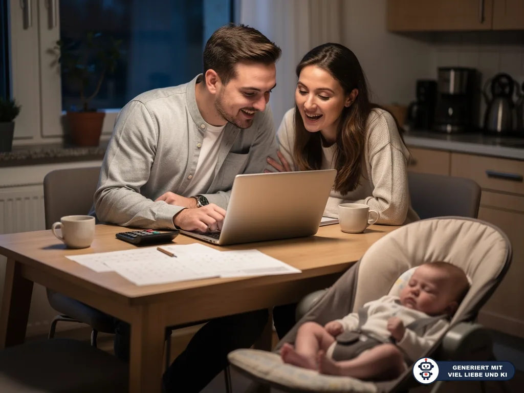 Junge Eltern planen am Laptop am Küchentisch Finanzen und Elternzeit, während ihr Baby in einer Wippe schläft. (mit KI erstellt)