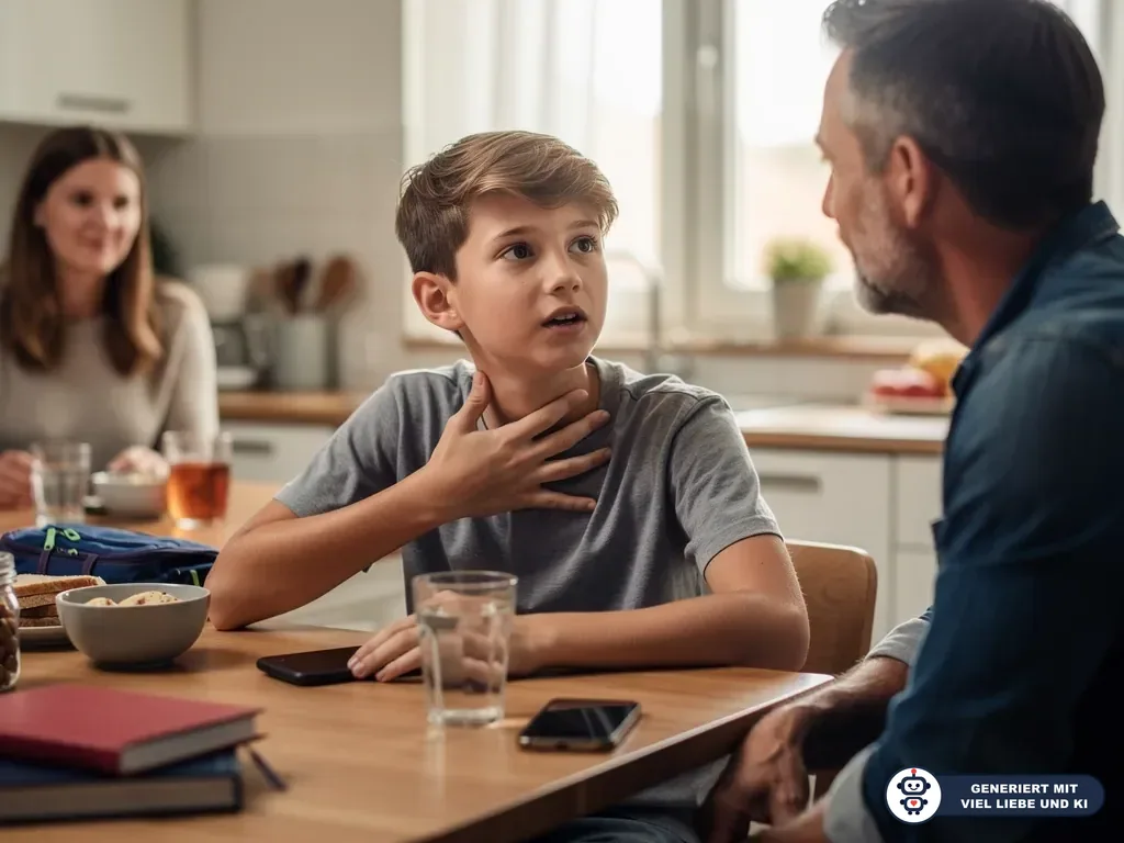 Junge hält sich am Küchentisch den Hals und spricht mit seinem Vater, die Mutter sitzt im Hintergrund. (mit KI erstellt)