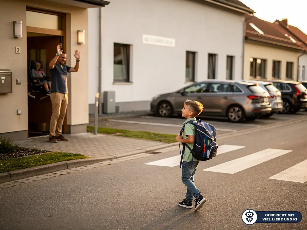 Junge mit Schulranzen überquert Zebrastreifen, während sein Vater ihm vor dem Haus zuwinkt. (mit KI erstellt)