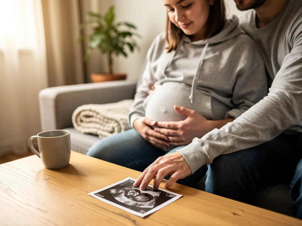 Junge Schwangere sitzt mit Partner auf dem Sofa; vor ihnen liegt ein Ultraschallbild auf dem Tisch.