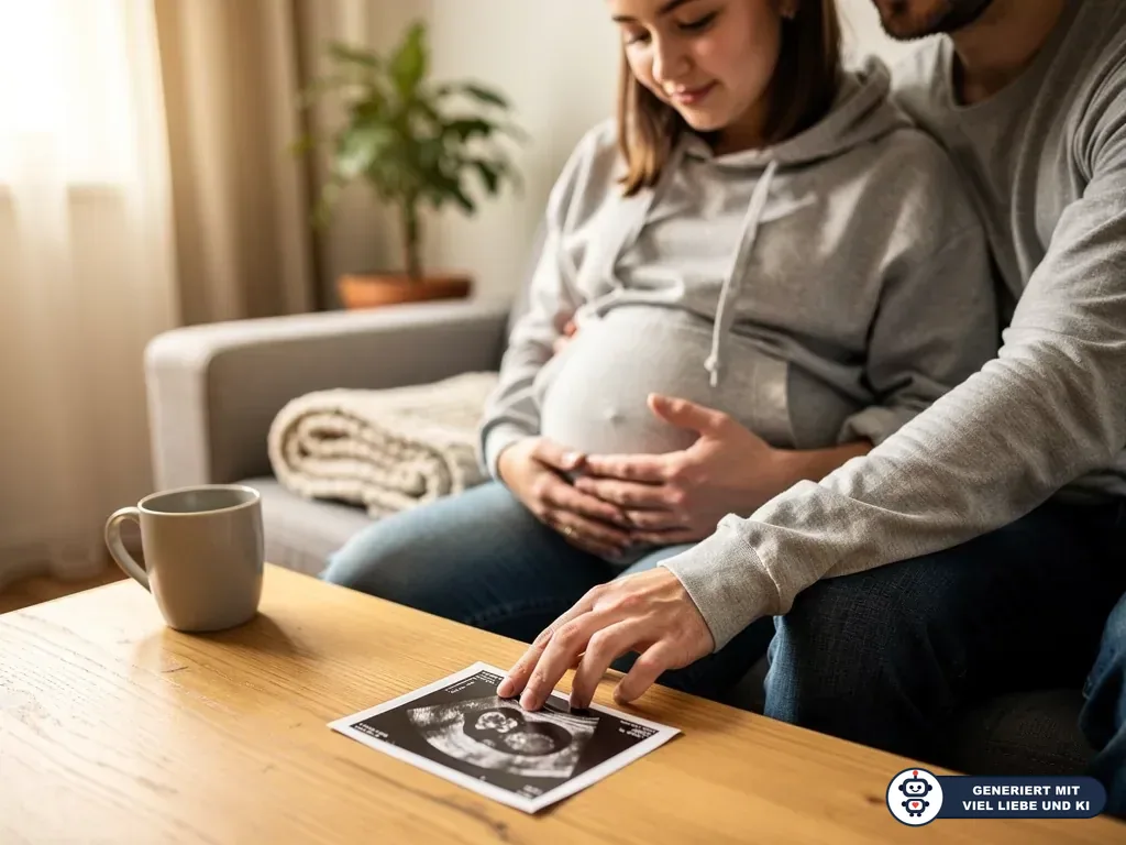 Junge Schwangere sitzt mit Partner auf dem Sofa; vor ihnen liegt ein Ultraschallbild auf dem Tisch. (mit KI erstellt)