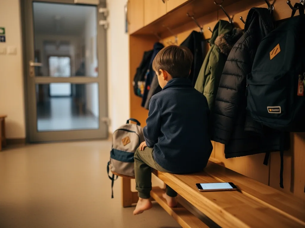 Junge sitzt allein in einer Kita-Garderobe neben Rucksack, Jacken und einem Smartphone auf der Holzbank.