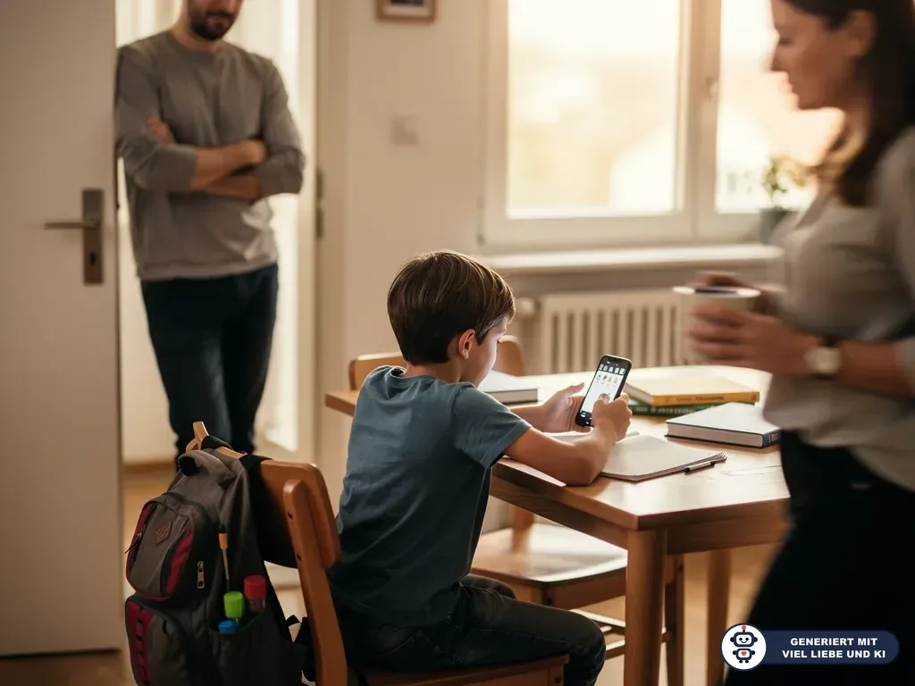 Junge sitzt am Tisch mit Schulheften und nutzt ein Smartphone, während zwei Erwachsene im Raum stehen. (mit KI erstellt)