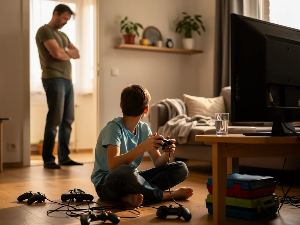 Junge sitzt mit Controller vor dem Fernseher, im Hintergrund steht ein besorgter Vater mit verschränkten Armen.