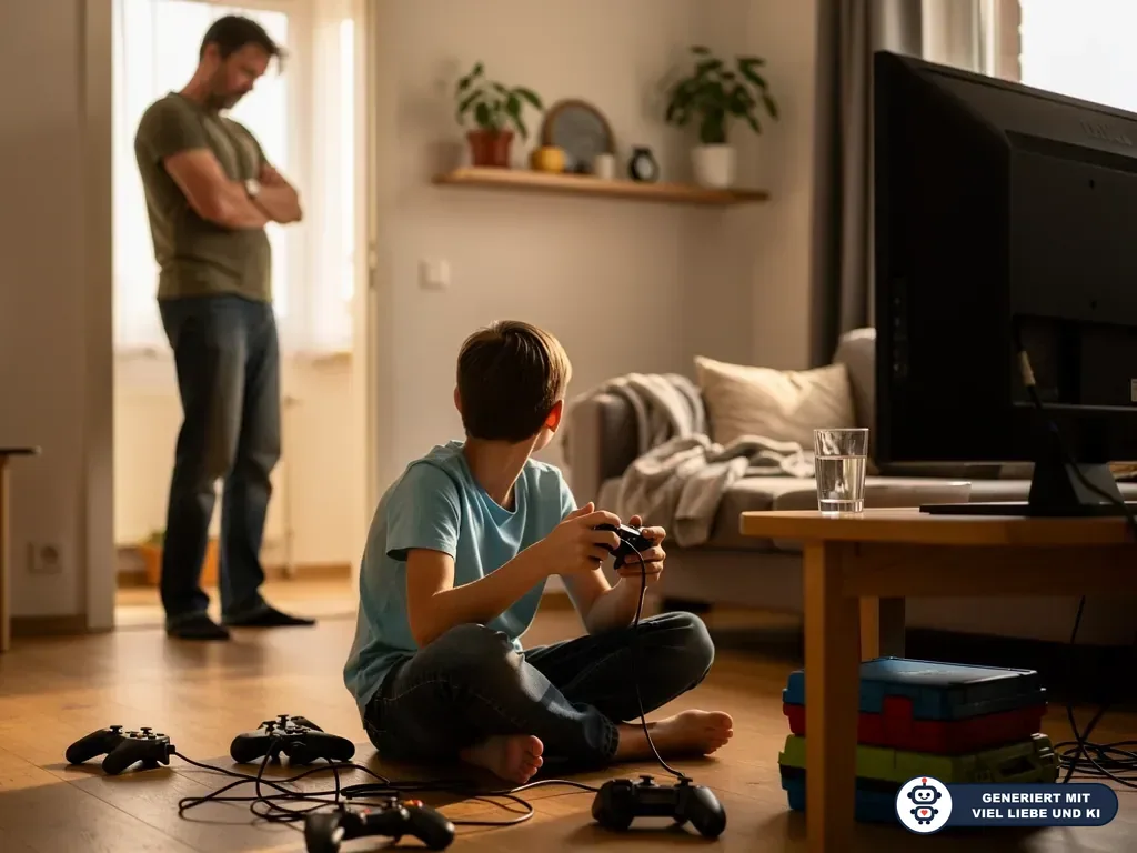 Junge sitzt mit Controller vor dem Fernseher, im Hintergrund steht ein besorgter Vater mit verschränkten Armen. (mit KI erstellt)