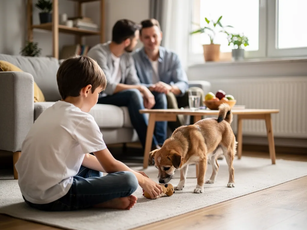 Junge spielt im Wohnzimmer mit einem kleinen Hund, während zwei Väter auf dem Sofa zusehen.