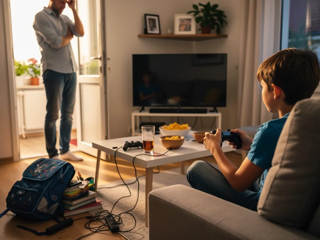 Junge spielt mit Controller auf dem Sofa, Vater steht besorgt im Hintergrund, Schulranzen liegt am Boden.