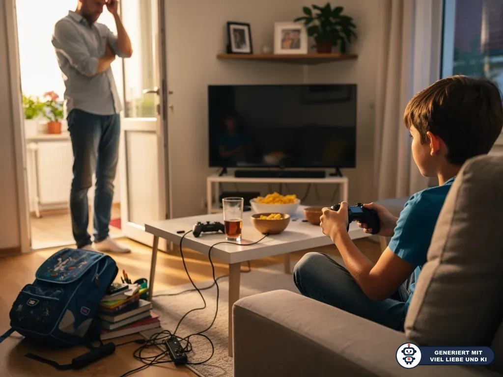 Junge spielt mit Controller auf dem Sofa, Vater steht besorgt im Hintergrund, Schulranzen liegt am Boden. (mit KI erstellt)