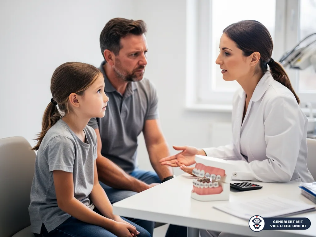 Kieferorthopädin erklärt Vater und Tochter am Schreibtisch eine Zahnspange mit Modell und Taschenrechner. (mit KI erstellt)