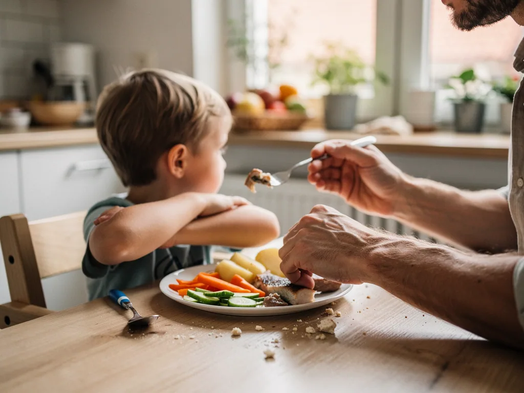 Kind am Esstisch wendet sich ab, während ein Vater ihm vorsichtig Essen auf einer Gabel anbietet.