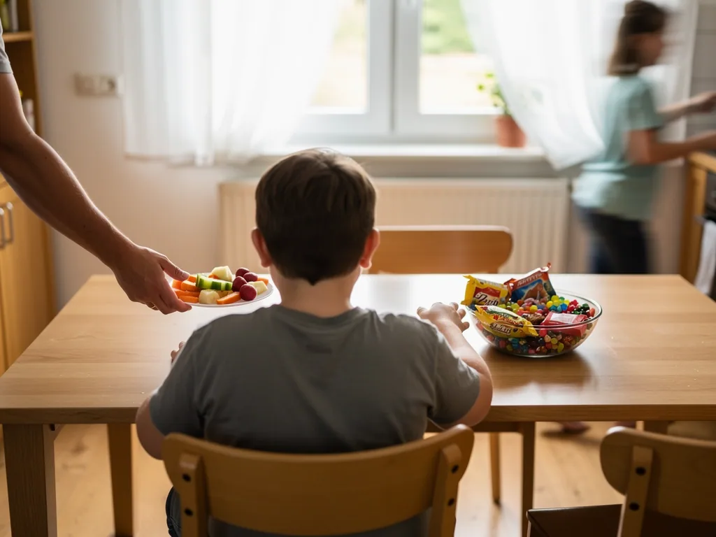 Kind am Küchentisch, daneben Süßigkeitenschale; eine Hand bietet einen Teller mit Obst und Gemüse an.