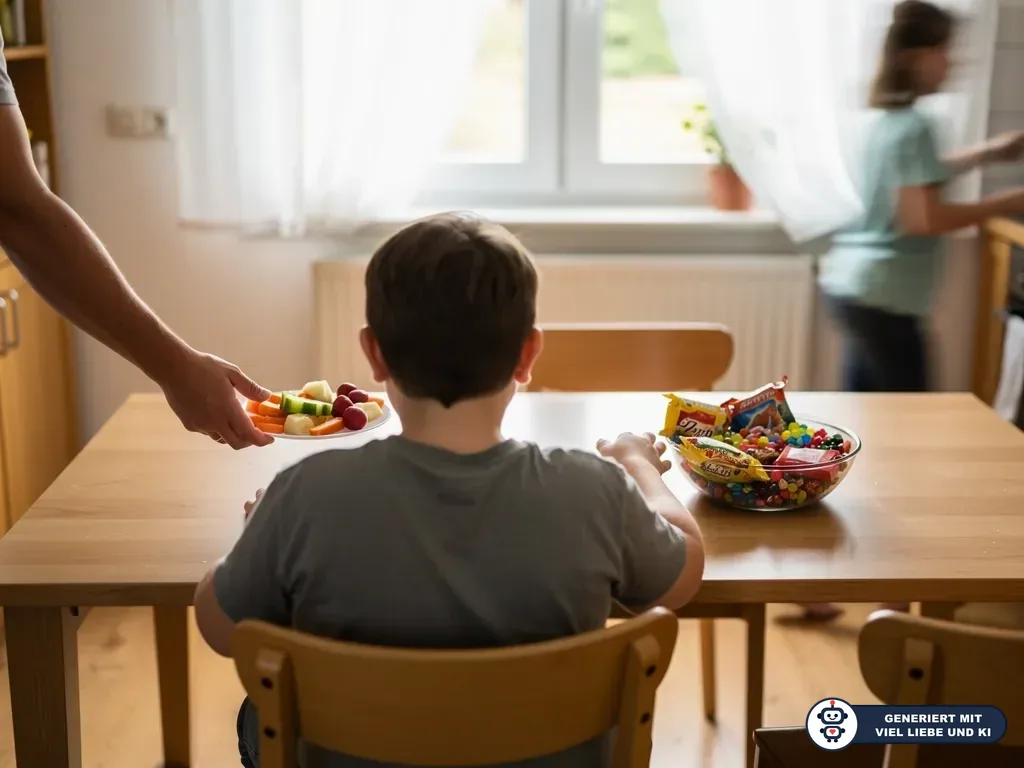 Kind am Küchentisch, daneben Süßigkeitenschale; eine Hand bietet einen Teller mit Obst und Gemüse an. (mit KI erstellt)