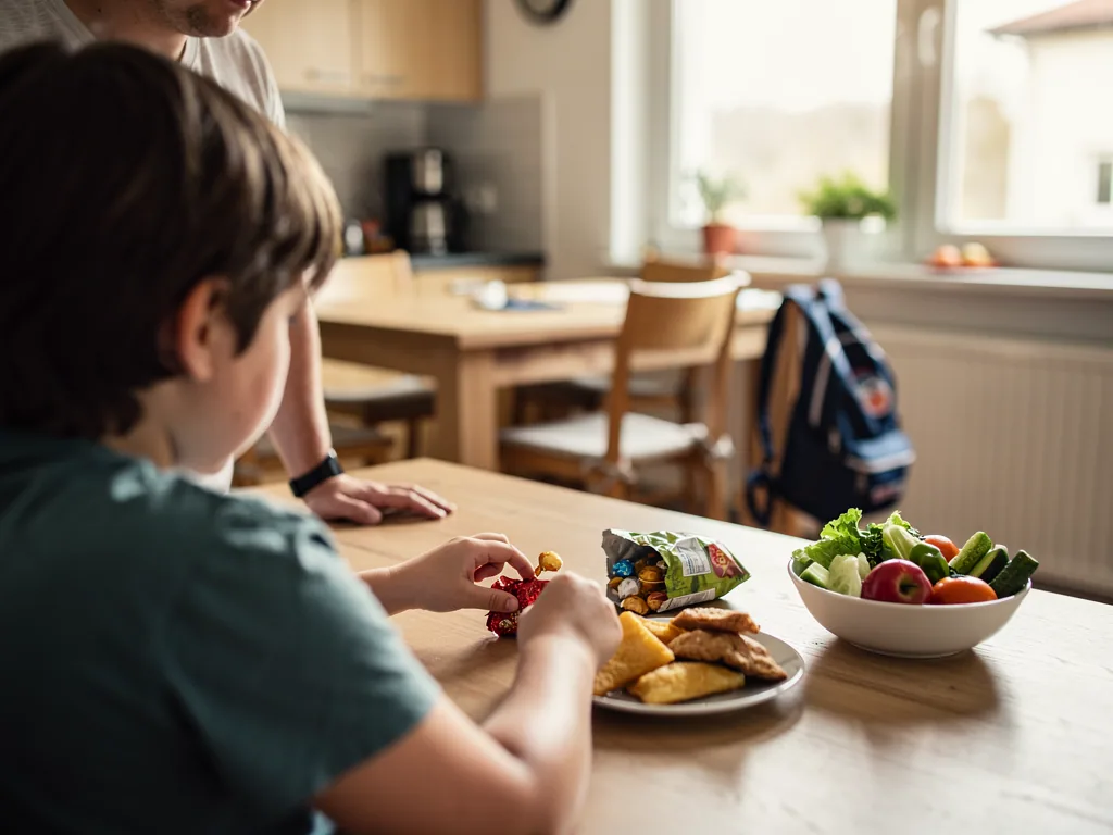 Kind greift am Küchentisch nach Süßigkeiten, daneben stehen Snacks, Gemüse und ein Schulrucksack.
