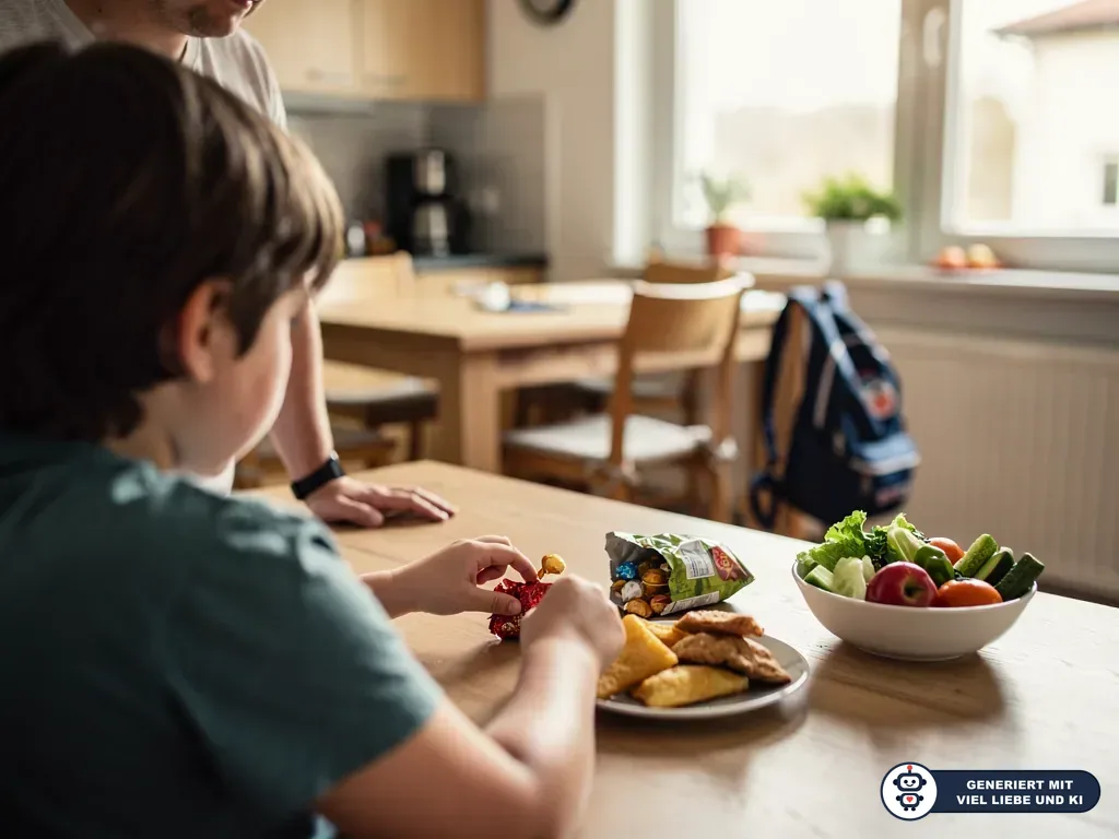 Kind greift am Küchentisch nach Süßigkeiten, daneben stehen Snacks, Gemüse und ein Schulrucksack. (mit KI erstellt)