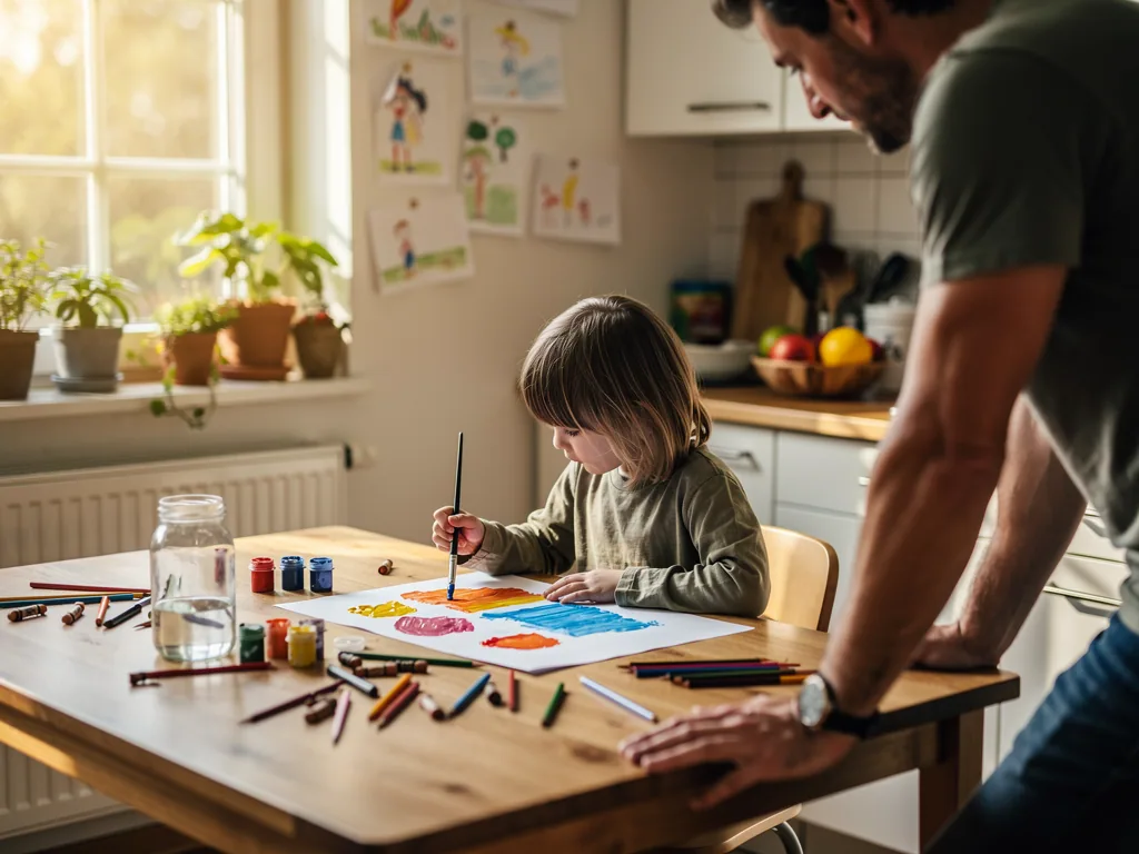 Kind malt am Küchentisch mit Pinsel und Farben, ein Vater beaufsichtigt es aufmerksam.