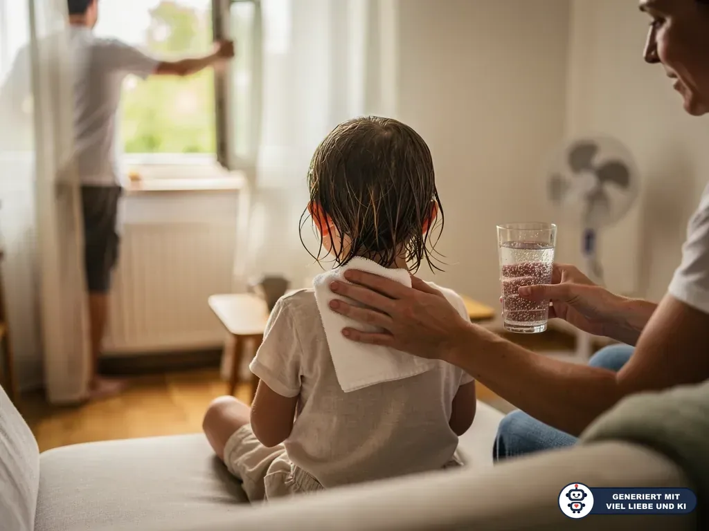 Kind mit feuchtem Haar sitzt auf dem Sofa, Mutter hält Wasser und Tuch, Vater öffnet im Hintergrund ein Fenster. (mit KI erstellt)