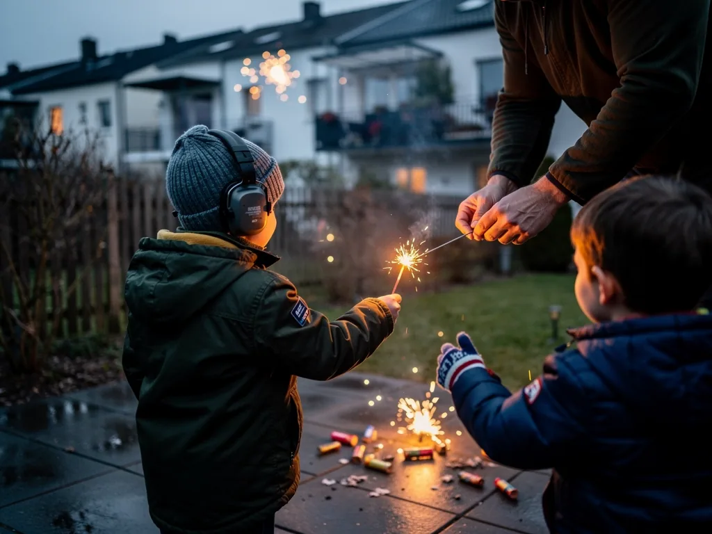 Kind mit Gehörschutz hält Wunderkerze, Erwachsener hilft; zweites Kind schaut im Garten zu.