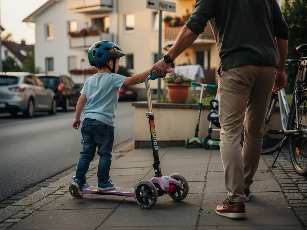Kind mit Helm fährt auf einem dreirädrigen Tretroller, ein Erwachsener hält seine Hand auf dem Gehweg.
